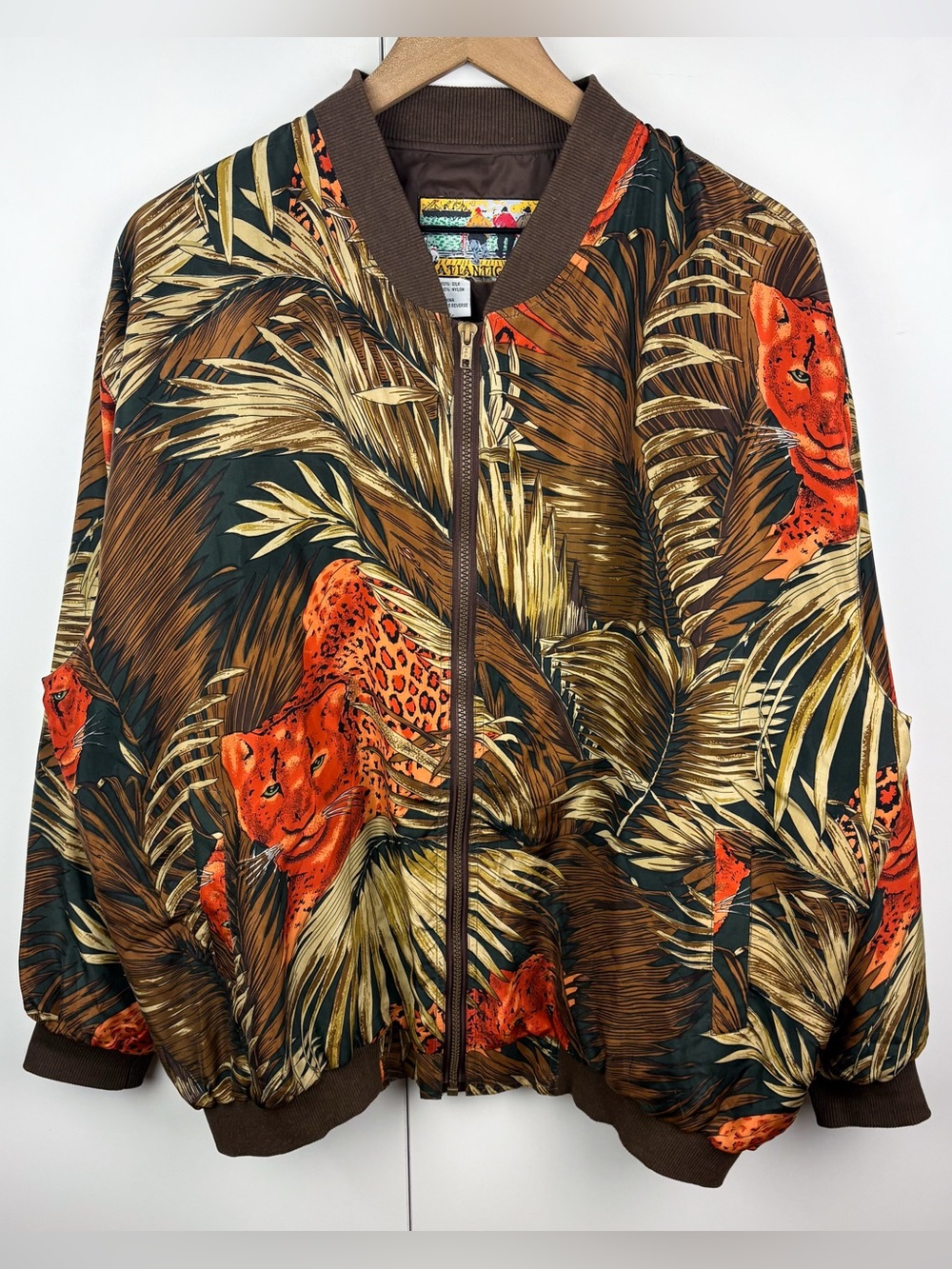 Vintage 100% Silk Jaguar Leopard Palm Tropical Exotic Forest Bomber Jacket XL